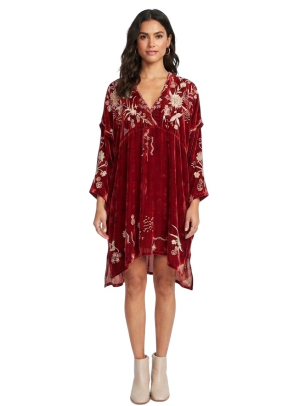 Embroidered Velvet V-Neck Tunic Dress in Deep Red